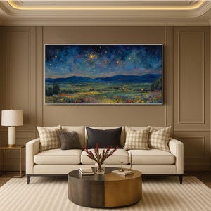 Original Impasto Wildflower Texture Wall Art Starry Night Landscape Oil Painting On Canvas Blue Gold Mountain Sky Art Living Room Wall Decor bild 6