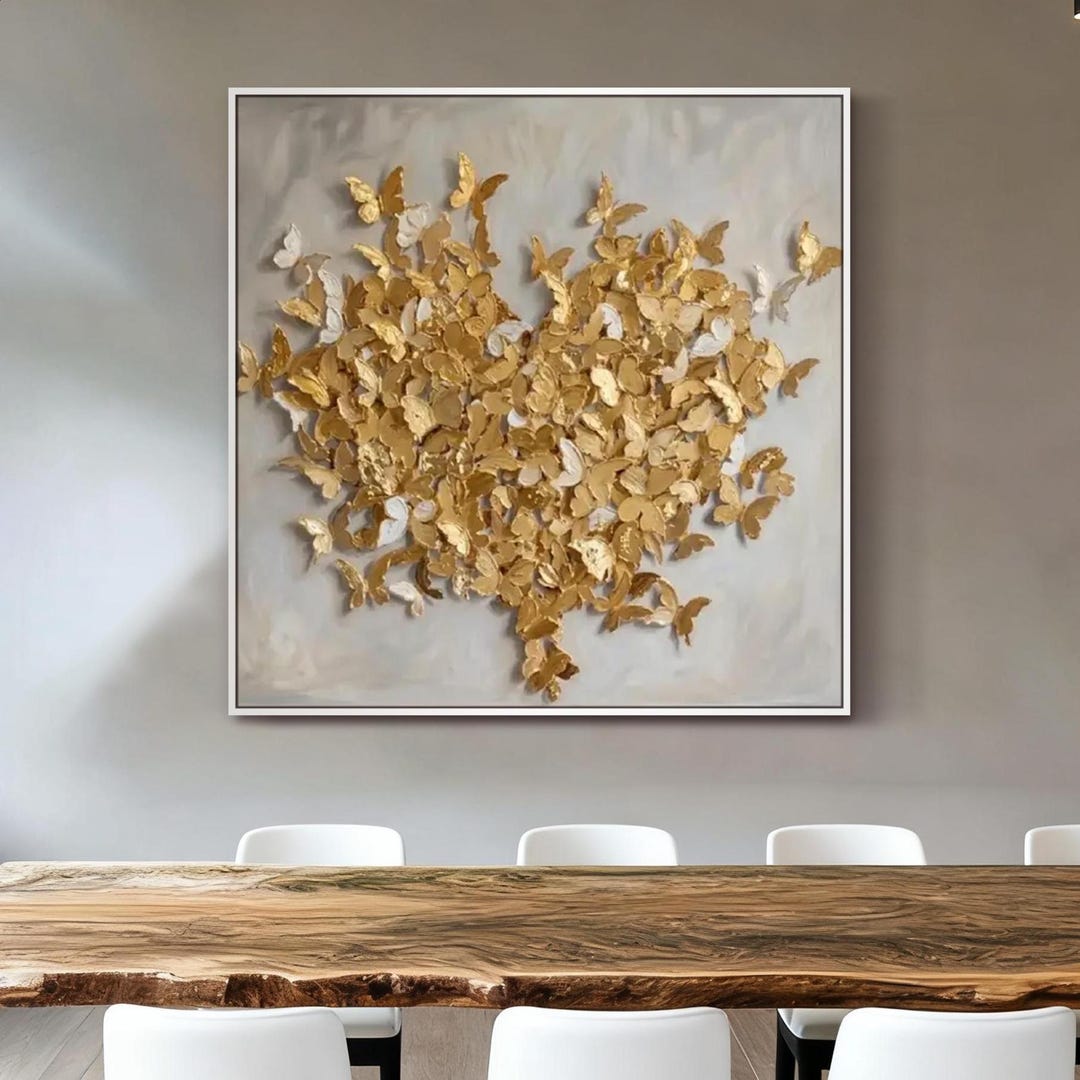 Textured Gold Butterfly Wall Art 3D Painting on Canvas Neutral Beige
