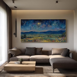Original Impasto Wildflower Texture Wall Art Starry Night Landscape Oil Painting On Canvas Blue Gold Mountain Sky Art Living Room Wall Decor bild 3