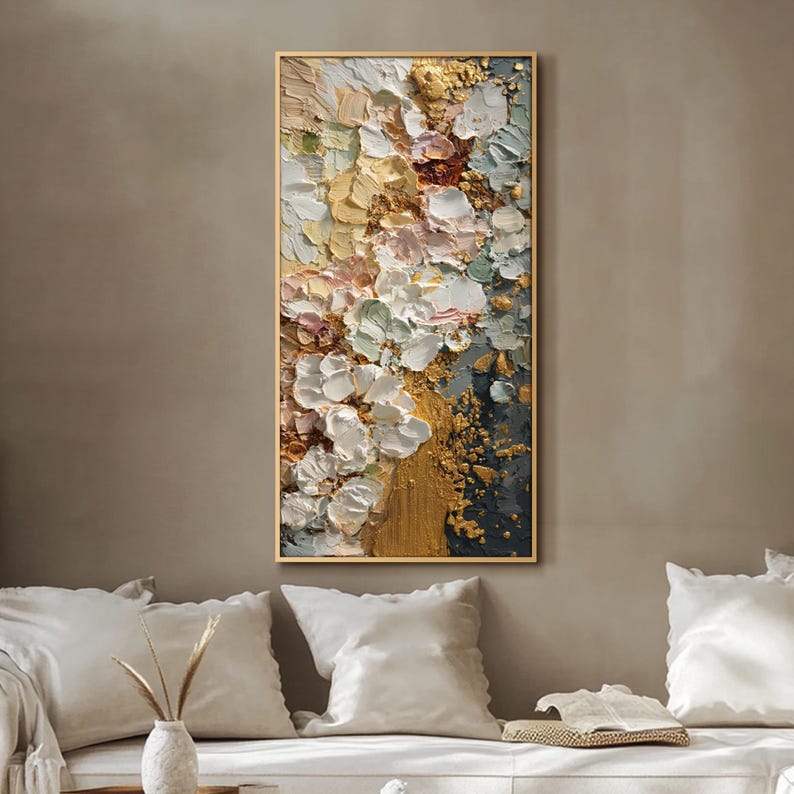 White Gold Floral Impasto Oil Painting on Canvas Luxury Abstract Flower ...