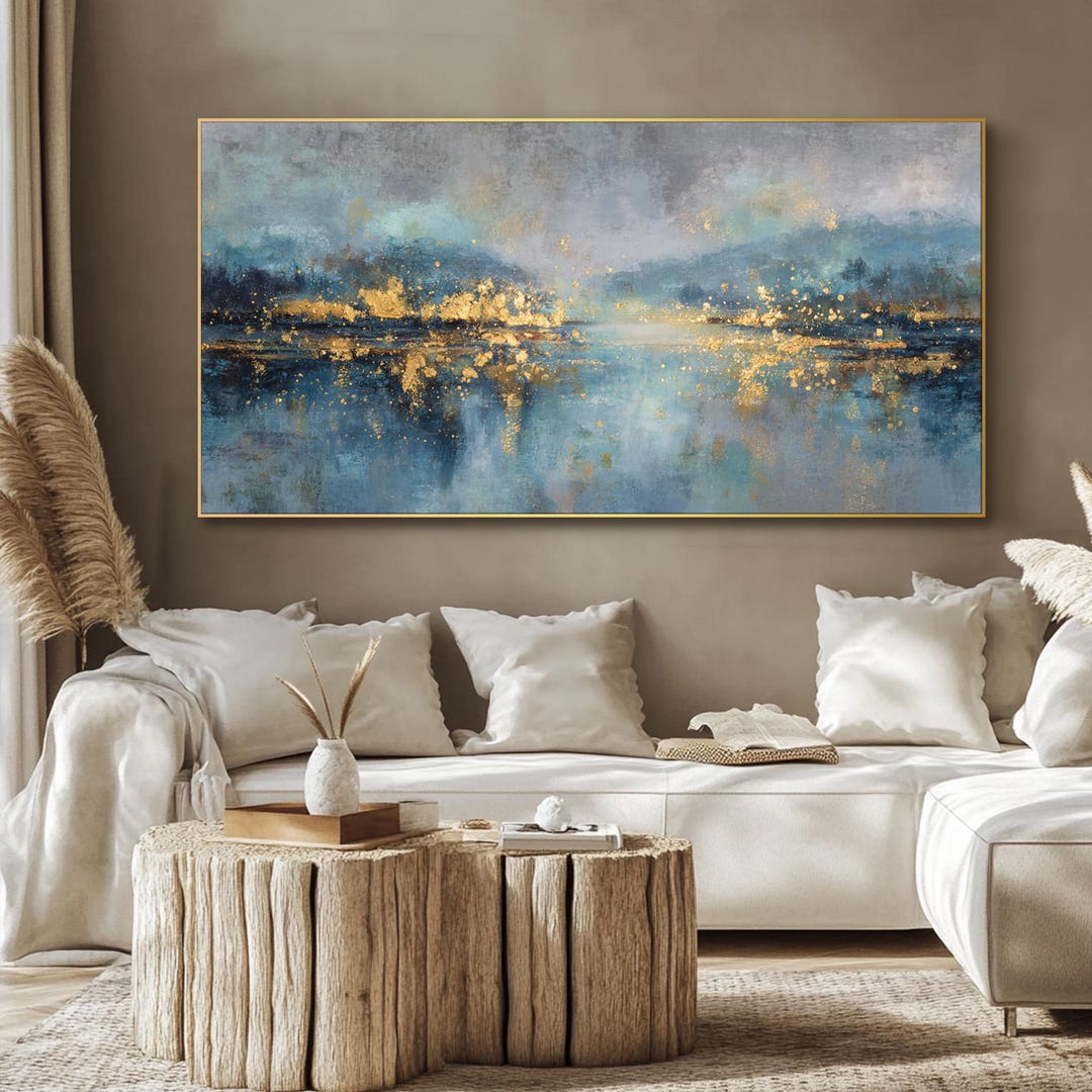 Blue and Gold Abstract Oil Painting on Canvas Soft Textured Wall Art ...