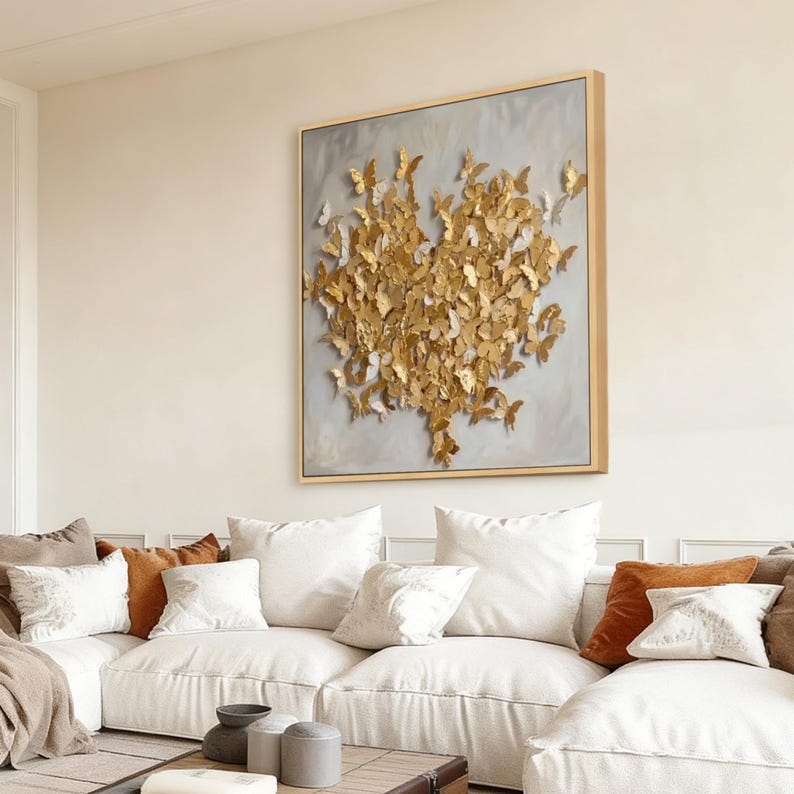 Textured Gold Butterfly Wall Art 3D Painting on Canvas Neutral Beige