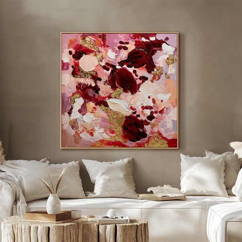 Abstract Pink Floral Oil Painting on Canvas Gold Foil Flower Textured ...