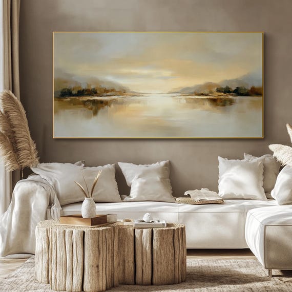 Gold Landscape Painting On Canvas Textured Landscape Wall Art Neutral Abstract Lake Sunset Wall Art Large Horizontal Warm Living Room Decor
