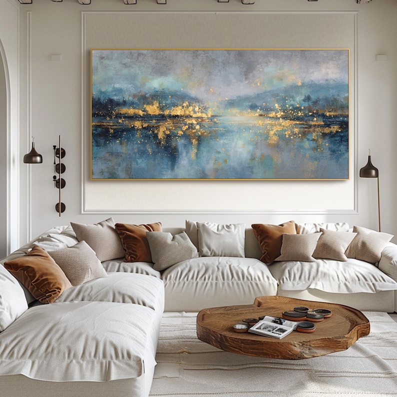 Blue and Gold Abstract Oil Painting on Canvas Soft Textured Wall Art ...