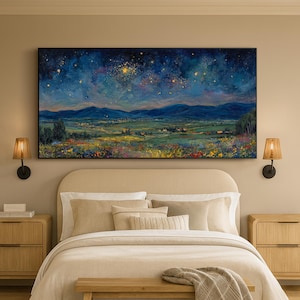 Original Impasto Wildflower Texture Wall Art Starry Night Landscape Oil Painting On Canvas Blue Gold Mountain Sky Art Living Room Wall Decor bild 8