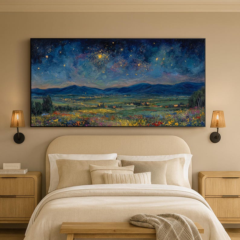Original Impasto Wildflower Texture Wall Art Starry Night Landscape Oil Painting On Canvas Blue Gold Mountain Sky Art Living Room Wall Decor bild 8