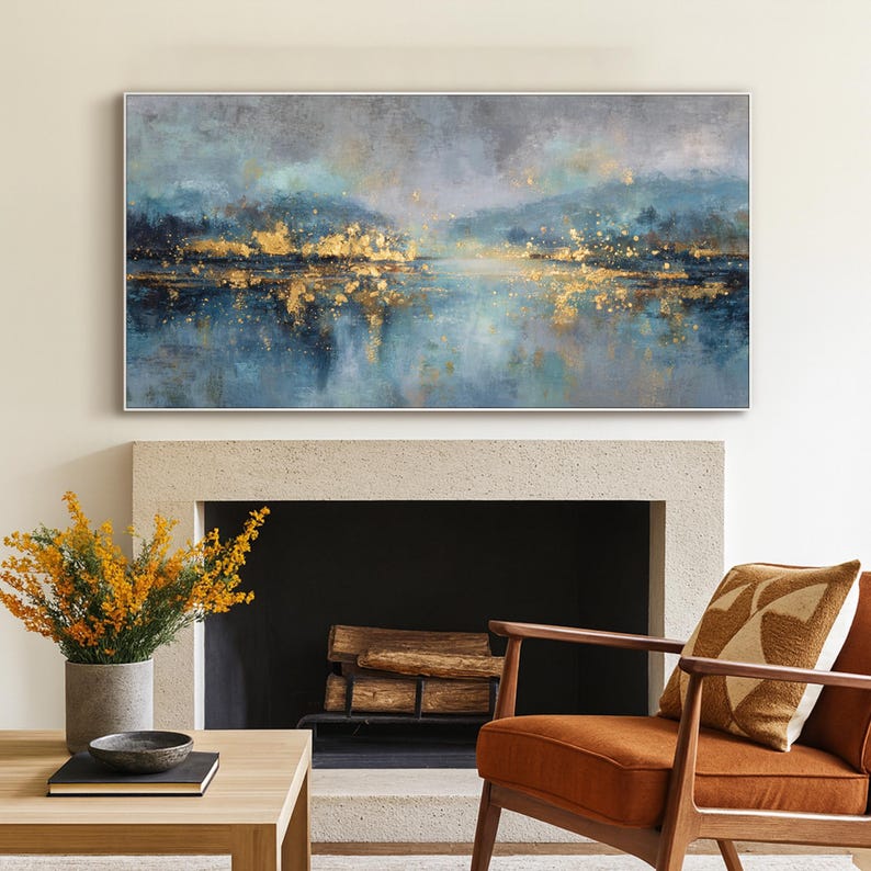 Blue and Gold Abstract Oil Painting on Canvas Soft Textured Wall Art ...
