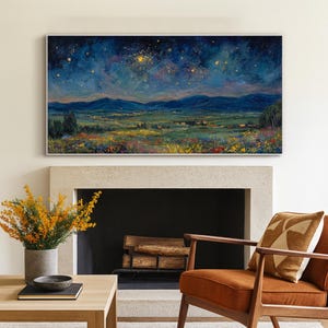 Original Impasto Wildflower Texture Wall Art Starry Night Landscape Oil Painting On Canvas Blue Gold Mountain Sky Art Living Room Wall Decor bild 5