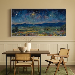 Original Impasto Wildflower Texture Wall Art Starry Night Landscape Oil Painting On Canvas Blue Gold Mountain Sky Art Living Room Wall Decor bild 7