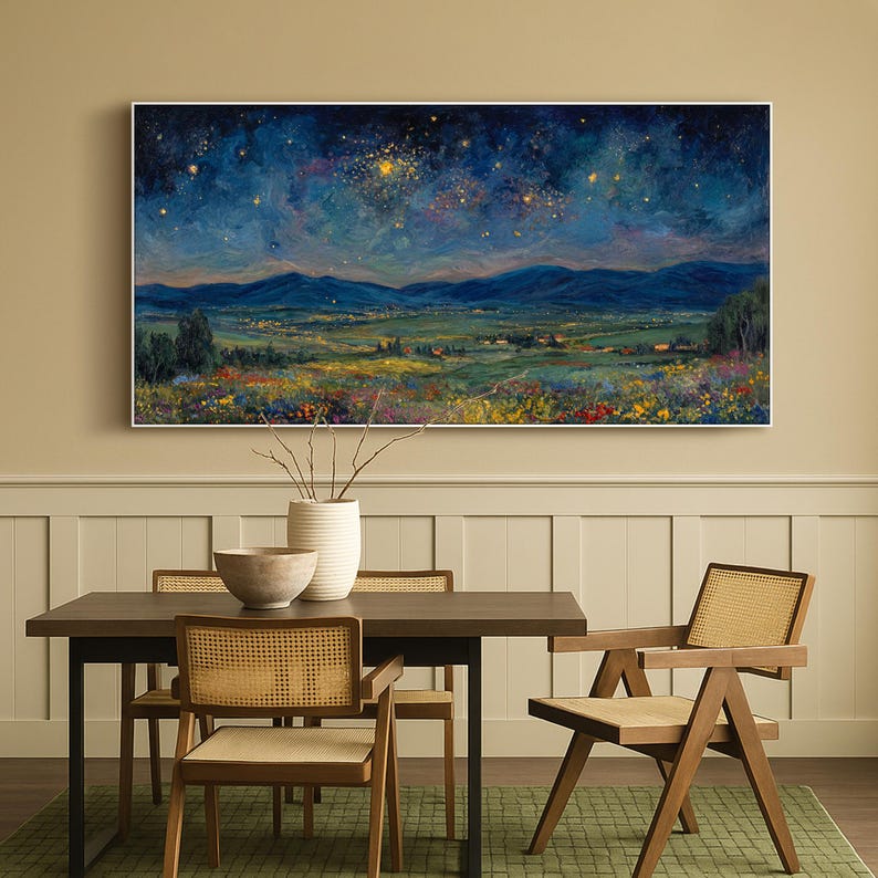 Original Impasto Wildflower Texture Wall Art Starry Night Landscape Oil Painting On Canvas Blue Gold Mountain Sky Art Living Room Wall Decor bild 7