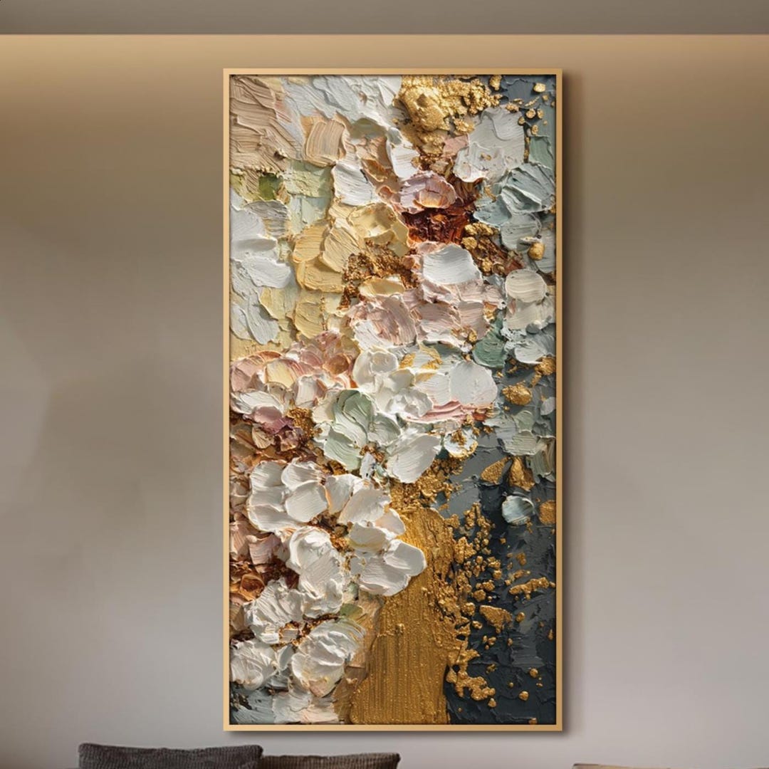 White Gold Floral Impasto Oil Painting on Canvas Luxury Abstract Flower ...