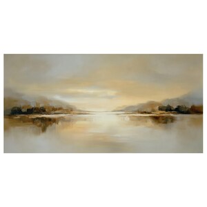 May include: An abstract landscape painting featuring a serene lake reflecting the sky and surrounding hills. The artwork uses a muted color palette of beige, brown, and gray, creating a calming and natural scene. The painting evokes a sense of tranquility.
