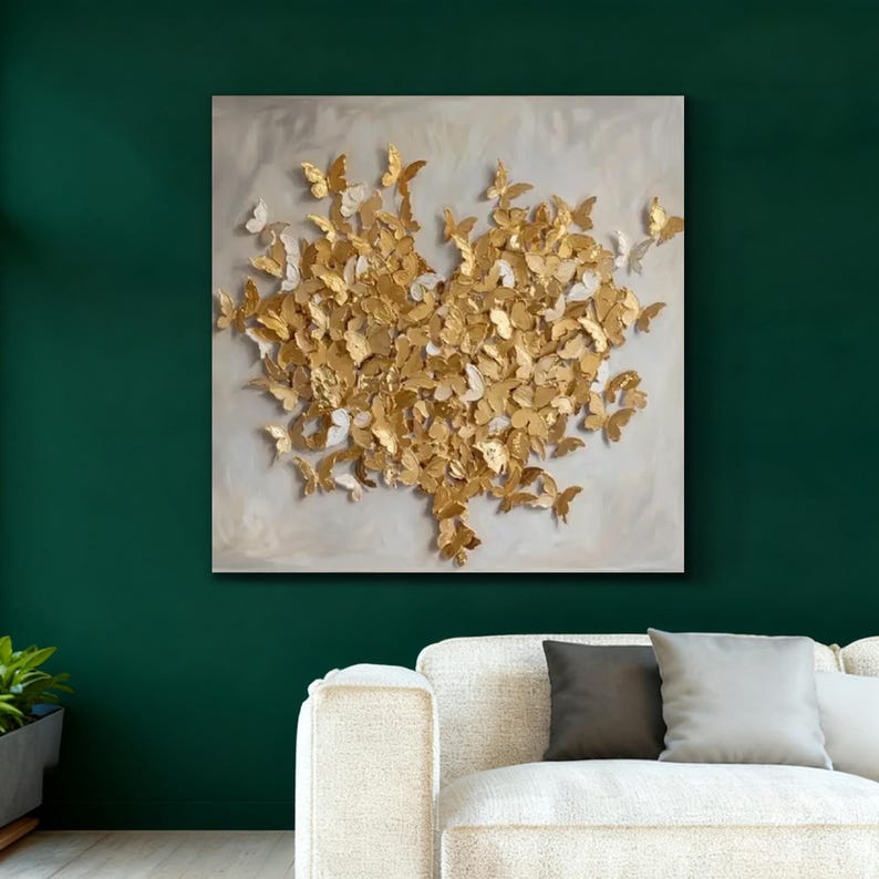 Textured Gold Butterfly Wall Art 3D Painting on Canvas Neutral Beige