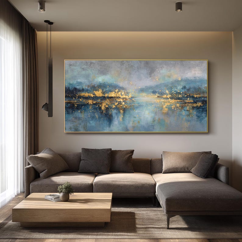 Blue and Gold Abstract Oil Painting on Canvas Soft Textured Wall Art ...