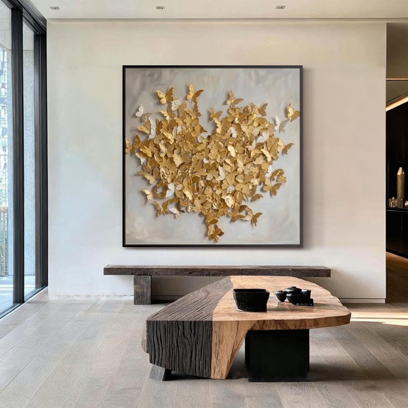 Textured Gold Butterfly Wall Art 3D Painting on Canvas Neutral Beige