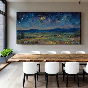 Original Impasto Wildflower Texture Wall Art Starry Night Landscape Oil Painting On Canvas Blue Gold Mountain Sky Art Living Room Wall Decor bild 9