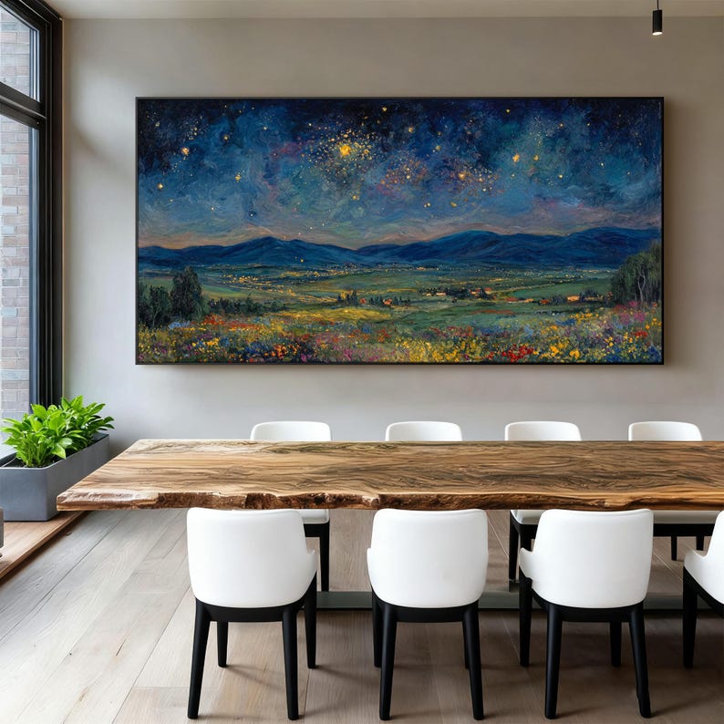 Original Impasto Wildflower Texture Wall Art Starry Night Landscape Oil Painting On Canvas Blue Gold Mountain Sky Art Living Room Wall Decor bild 9