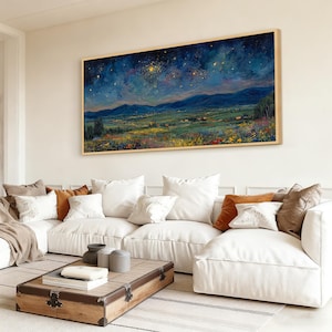 Original Impasto Wildflower Texture Wall Art Starry Night Landscape Oil Painting On Canvas Blue Gold Mountain Sky Art Living Room Wall Decor bild 12