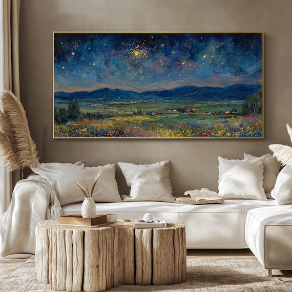 Original Impasto Wildflower Texture Wall Art Starry Night Landscape Oil Painting On Canvas Blue Gold Mountain Sky Art Living Room Wall Decor