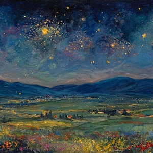 Original Impasto Wildflower Texture Wall Art Starry Night Landscape Oil Painting On Canvas Blue Gold Mountain Sky Art Living Room Wall Decor bild 2