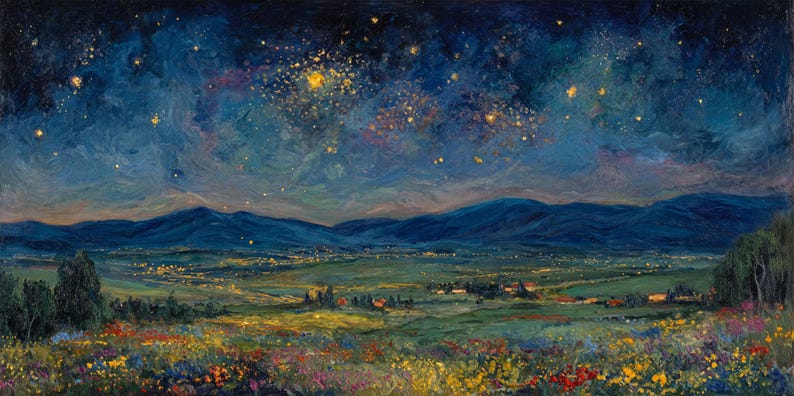 Original Impasto Wildflower Texture Wall Art Starry Night Landscape Oil Painting On Canvas Blue Gold Mountain Sky Art Living Room Wall Decor bild 2