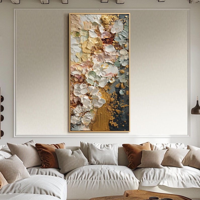 White Gold Floral Impasto Oil Painting on Canvas Luxury Abstract Flower ...