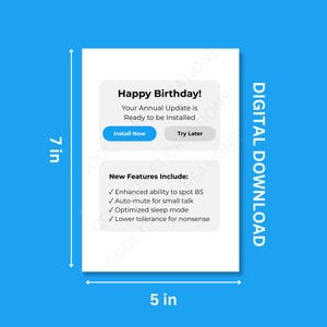 Cartão de aniversário para imprimir - Atualização anual | Cartão de aniversário engraçado | Cartão de aniversário para ele | Cartão de aniversário para ela