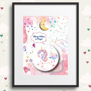 Personalised Unicorn Art Print | Magical Nursery Wall Art | Pastel Girls Room Decor | Rainbow, Stars, Moon | Baby Shower Gift