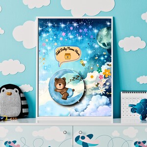Benutzerdefinierte Teddy Bär Kinderzimmer Wand Kunst | Personalisierter Name Teddybär Druck | Wolke, Mond & Sterne Kinderzimmer Dekor | Babyzimmer | Spielzimmer Kunst