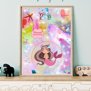 Personalisierte Meerjungfrau Druck - Kinderzimmer Poster, Kinderspielzimmer Druck, Kinderzimmer Wandkunst, Mädchenzimmer Dekor, Babypartygeschenk