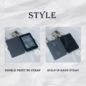 May include: Two Kindle Paperwhite e-reader cases. The case on the left has a double print design and no strap. The case on the right has a built-in hand strap.