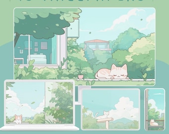 May include: A digital illustration of a cat and nature wallpaper bundle. The image shows a collection of four different wallpapers featuring a white cat in various settings, including a green garden, a blue sky with clouds, and a forest. The text "Cat and Nature Collection Wallpaper Bundle" is displayed at the bottom of the image.