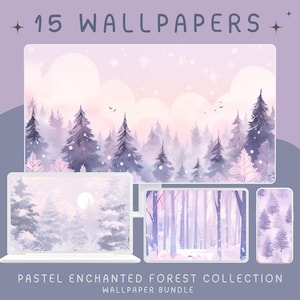May include: A digital download of 15 pastel purple and pink enchanted forest wallpapers. The image shows a snowy forest with a pink sky and white clouds. The text "15 WALLPAPERS" and "PASTEL ENCHANTED FOREST COLLECTION WALLPAPER BUNDLE" is included in the image.