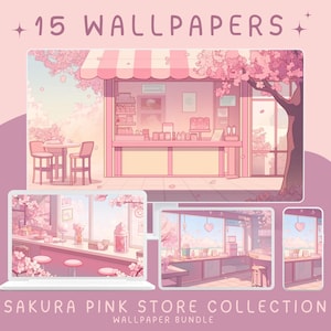 Sakura pink store wallpaper, kawaii flower desktop wallpaper, cozy phone homescreen, pastel computer wallpaper pack, cute laptop wallpaper