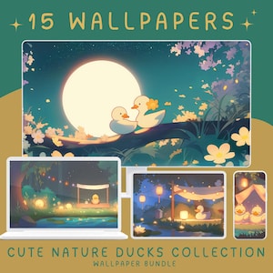 May include: A digital download of 15 cute nature duck wallpapers. The wallpapers feature ducks in a variety of settings, including a moonlit forest, a pond with lanterns, and a cozy campsite. The wallpapers are perfect for adding a touch of whimsy to your desktop or phone.