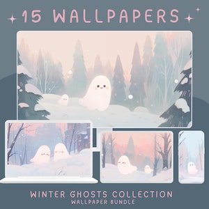 Winter ghost wallpaper, cute ghostie desktop background, snowy phone lockscreen, spooky computer hd screen, ghosty pastel pc screensaver 4k