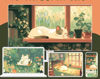 May include: A digital download of 15 cute cat illustrations. The illustrations feature cats in various settings, including a windowsill, a swing, and a bedroom. The illustrations are in a cartoon style and feature bright colors.