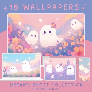 Kawaii Ghost Wallpaper: Lofi Halloween Desktop Background (Digital Download)
