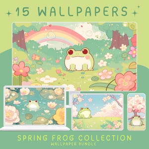 Puede incluir: Una colección de 15 fondos de pantalla con temática de rana primaveral. Los diseños incluyen una rana en un prado con un arcoíris, y ranas en un estanque, en una tableta y en un teléfono. El texto dice "Spring Frog Collection Wallpaper Bundle."