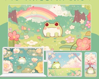 Spring Kawaii Cute Frog Wallpaper, Pastel Phone Digital Wallpaper, Aesthetic Desktop Wallpaper, Flower iPad Wallpaper, Cute Mac Wallpaper hd