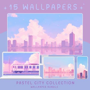 Dreamy Pastel City Wallpaper, Aesthetic Anime Desktop Background, Cute Landscape Phone Lockscreen, Cozy PC Homescreen, Purple Lofi Wallpaper