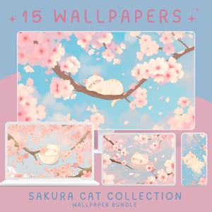 May include: A digital illustration of a white cat sleeping on a branch of a cherry blossom tree. The background is a light blue sky with pink cherry blossoms falling. The image is part of a collection of 15 wallpapers called "Sakura Cat Collection".