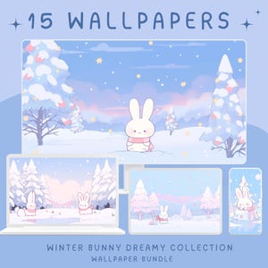 May include: A digital wallpaper bundle featuring a winter bunny theme. The image shows a white bunny wearing a pink scarf in a snowy landscape, displayed on a laptop, tablet, and phone. Text reads "15 WALLPAPERS" and "WINTER BUNNY DREAMY COLLECTION WALLPAPER BUNDLE."
