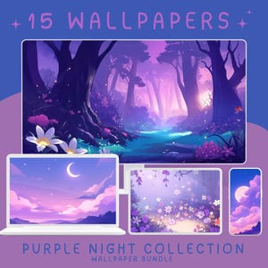 Op de afbeelding: Een digitale download van 15 paarse en blauwe wallpapers met een nachtelijke hemel, bos en bloemen. De tekst "Purple Night Collection" en "Wallpaper Bundle" wordt weergegeven op de afbeelding.