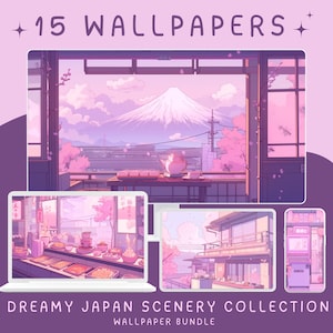 Puede incluir: Una ilustración digital de 15 fondos de pantalla de paisajes japoneses de ensueño. Las imágenes presentan tonos rosas y morados, flores de cerezo y arquitectura japonesa tradicional. El texto "DREAMY JAPAN SCENERY COLLECTION WALLPAPER BUNDLE" está en la parte inferior de la imagen.