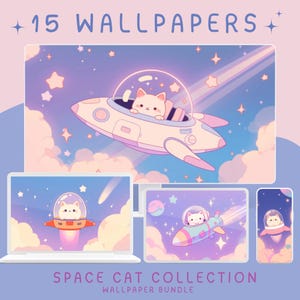 Pode incluir: Um conjunto de 15 papéis de parede digitais com um gato branco fofo em uma nave espacial voando através de uma galáxia de estrelas e planetas. Os papéis de parede estão disponíveis em diferentes tamanhos para desktop, tablet e telefone.