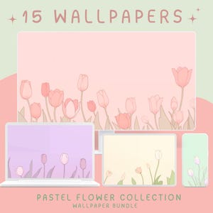 May include: A set of 15 digital wallpapers featuring pastel pink, yellow, and green colors with a simple line drawing of tulips. The text "PASTEL FLOWER COLLECTION WALLPAPER BUNDLE" is at the bottom of the image.