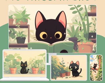 Lot de papiers peints chat noir kawaii : oeuvres d'art anime vert matcha (téléchargement numérique)