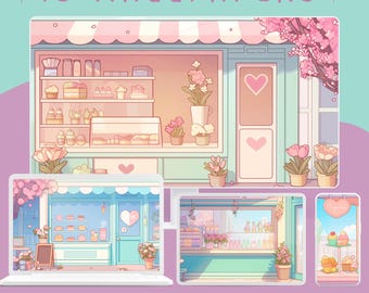 May include: A digital illustration of a pastel-coloured storefront with a pink awning. The store has a display of pastries and flowers. The text "15 WALLPAPERS" is at the top of the image. The text "PASTEL STORE COLLECTION WALLPAPER BUNDLE" is at the bottom of the image.